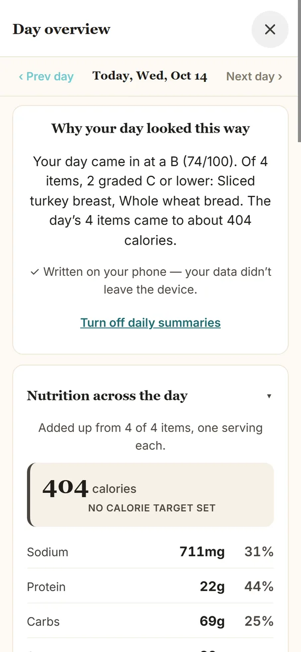 Day Overview: why your day looked this way, B 74 of 100, and nutrition across the day
