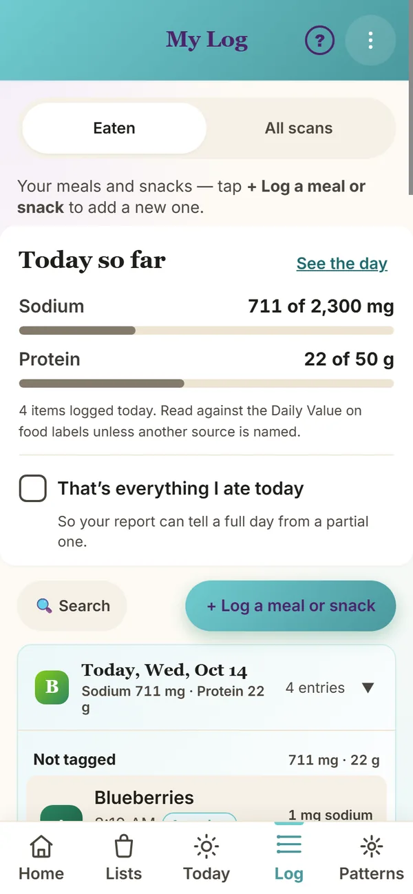 My Log, Eaten: today so far, and each day with its grade chip and entries