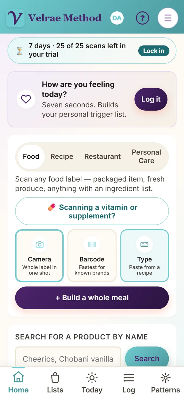 The Home screen: trial scans left, Food, Recipe, Restaurant and Personal Care tabs, and Camera, Barcode and Type