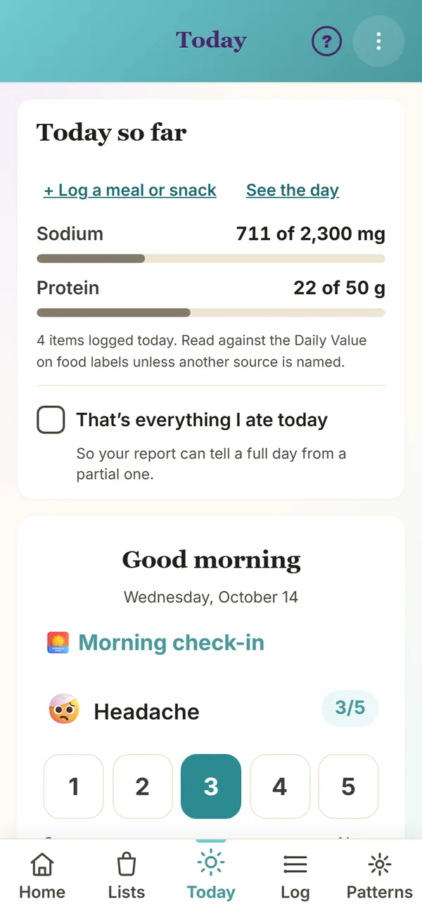 The Today tab: sodium 711 of 2,300 mg and protein 22 of 50 g so far, then the morning check-in with 1 to 5 buttons