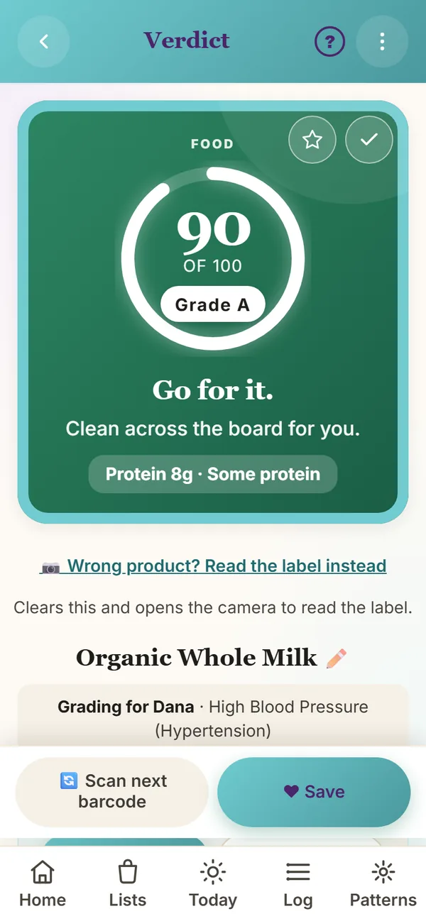 Organic Whole Milk graded A, 90 of 100, Go for it, for Dana with high blood pressure
