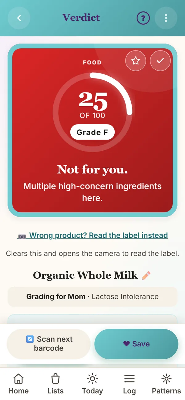 The same Organic Whole Milk graded F, 25 of 100, Not for you, for Mom with lactose intolerance