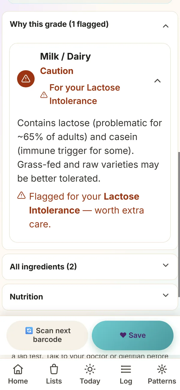 Why this grade, 1 flagged: Milk / Dairy, Caution, for your Lactose Intolerance, with the reason